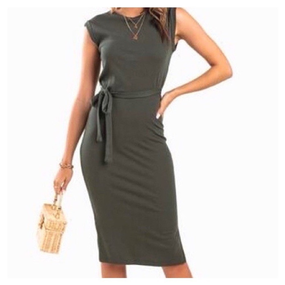 Women's Francisca Collection small, Sleeveless Olive Green Tie-Waist Midi Dress